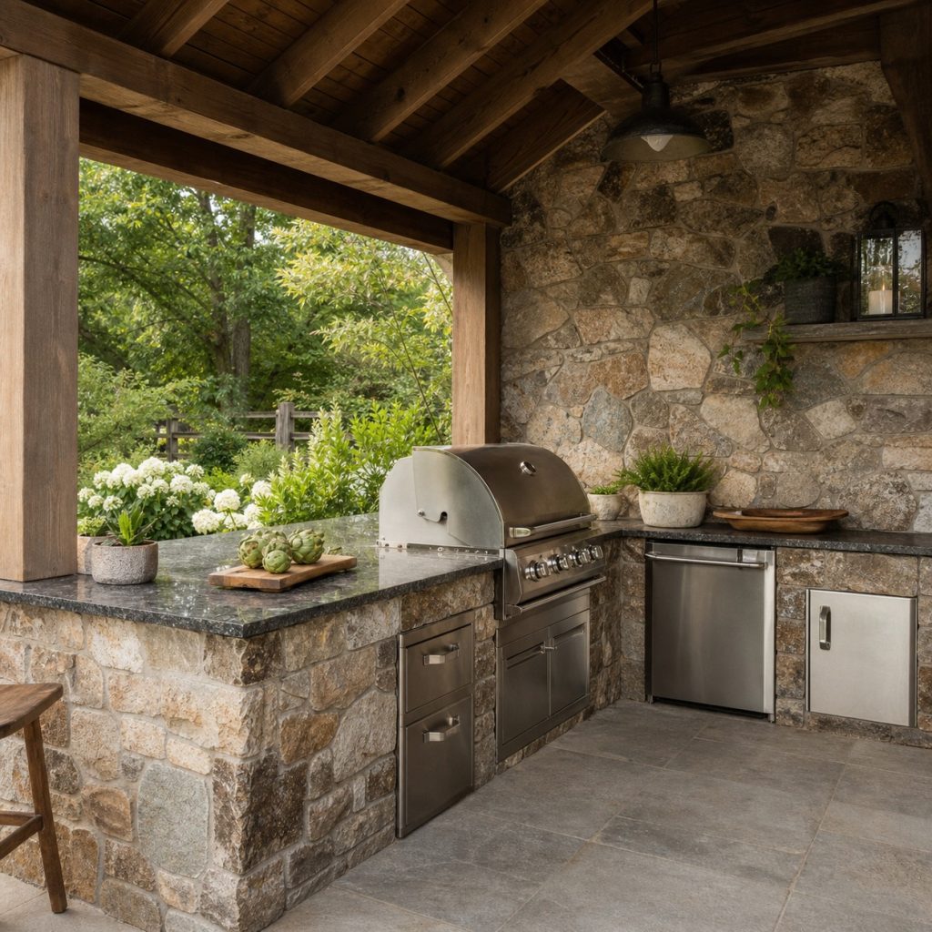 Rustic outdoor kitchen built against fieldstone garden wall