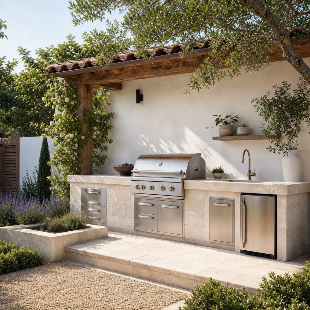 Cream limestone outdoor kitchen with white plaster and Mediterranean planting