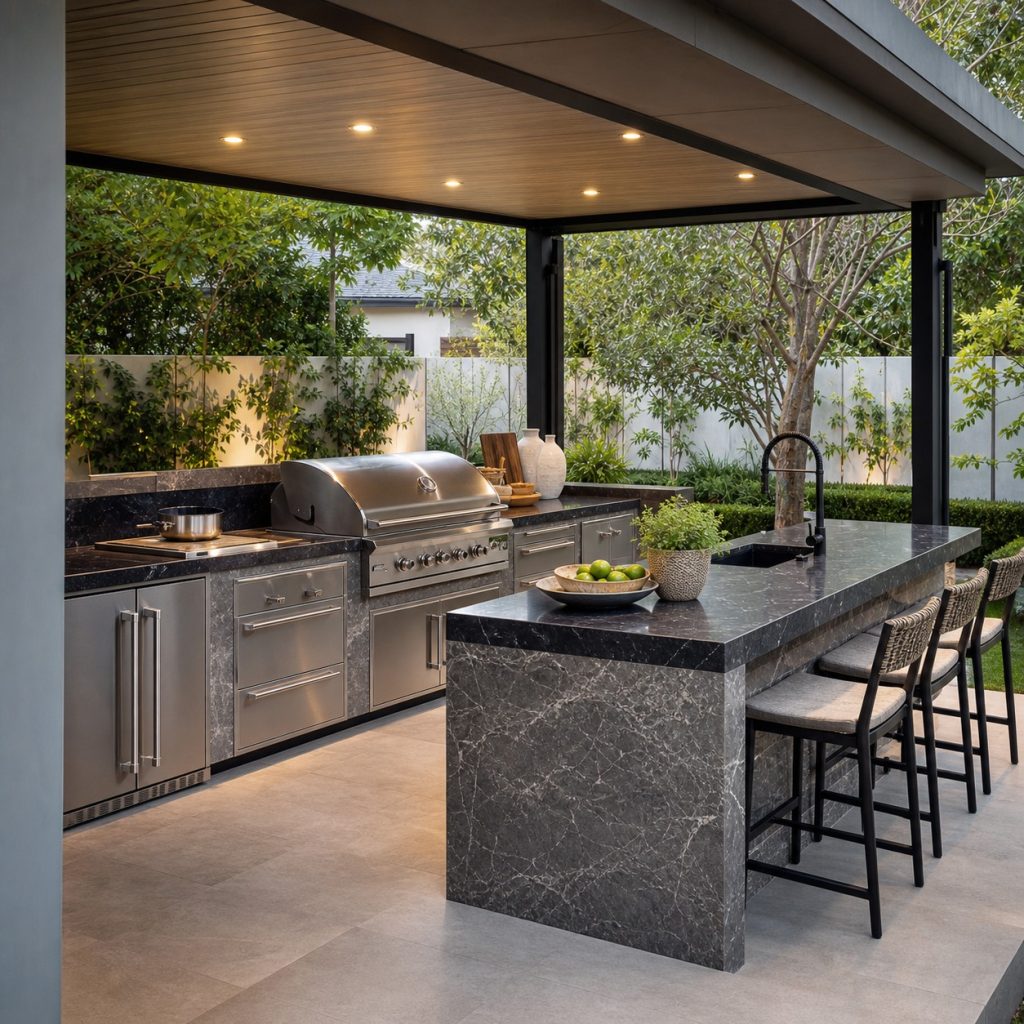 Granite-clad outdoor island with dark counter and stainless appliances