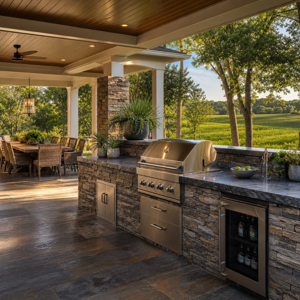 Outdoor kitchen with dry-stack-look stone veneer and clean cap details