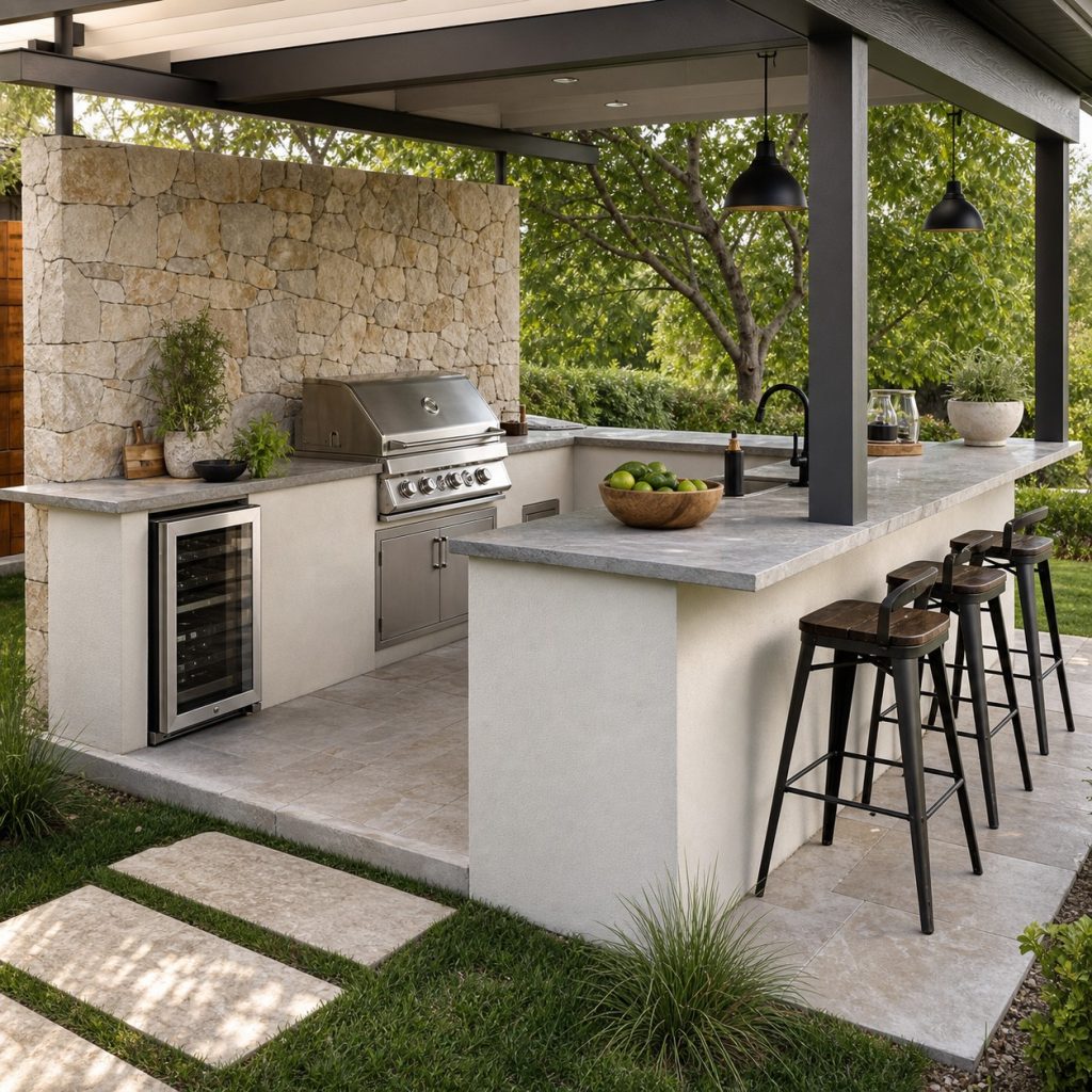 Outdoor kitchen combining pale stucco bases and natural-stone prep wall