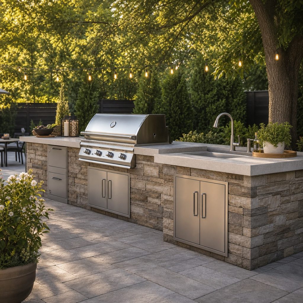 Freestanding stone outdoor island with separated grill and sink