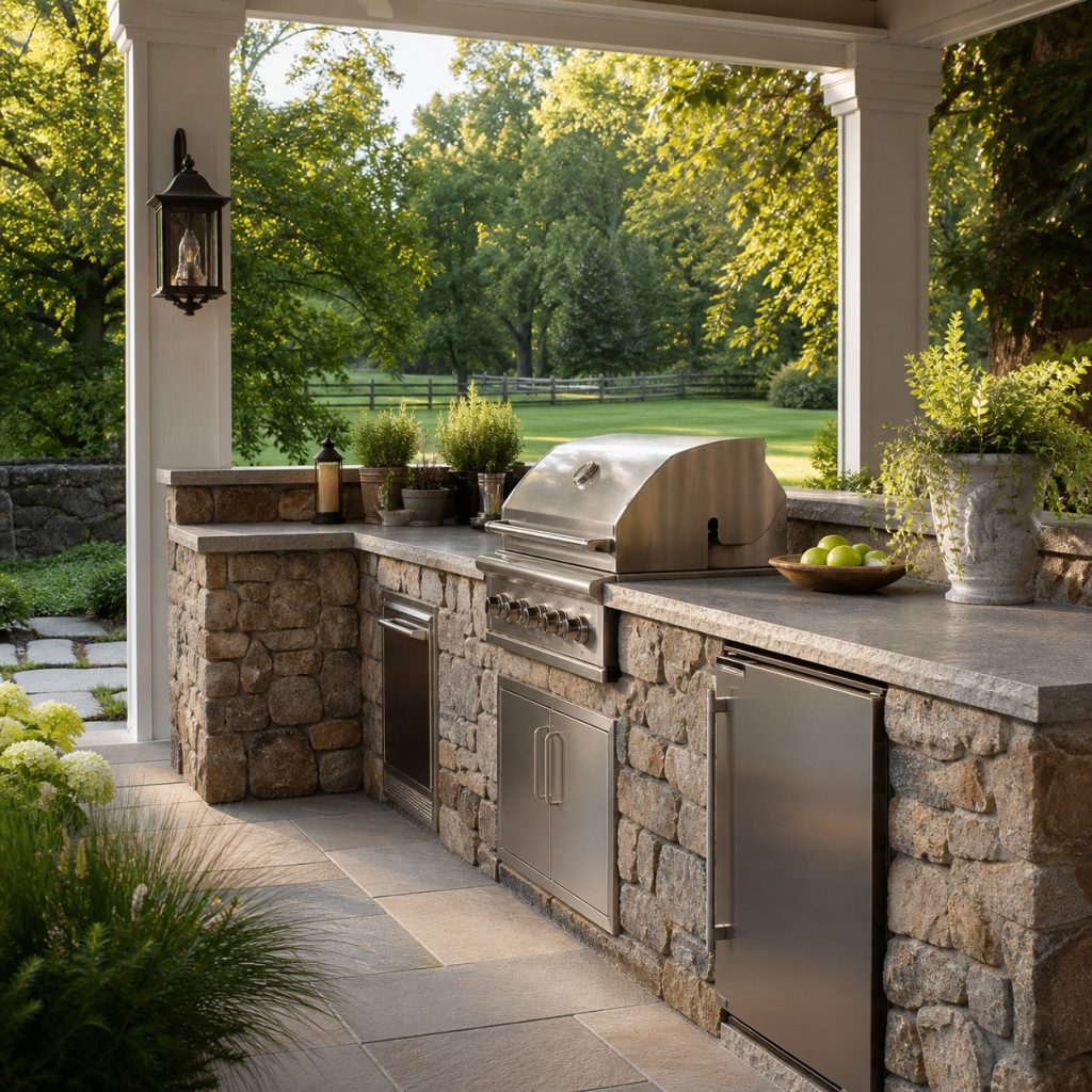 Outdoor kitchen with local fieldstone base and matching smooth slab counter