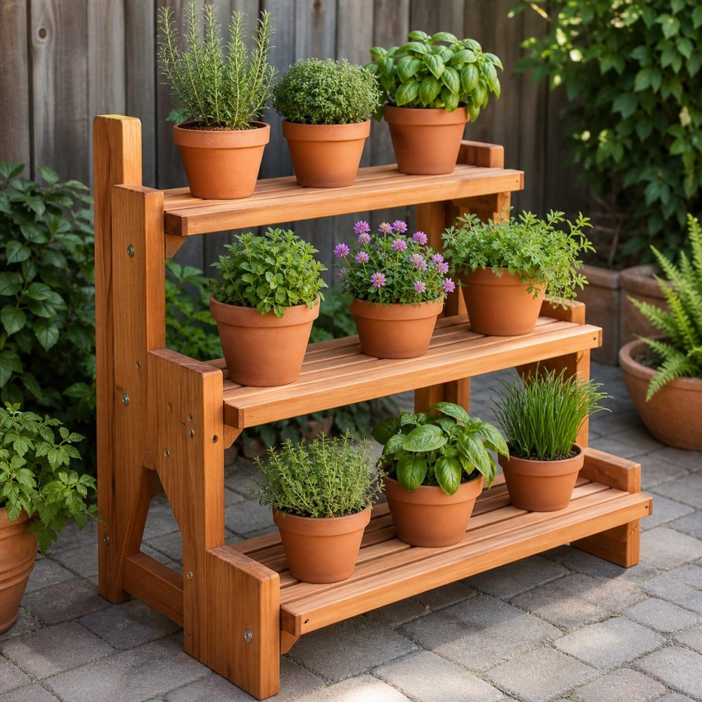 Three-tier cedar outdoor plant stand with broad slatted shelves