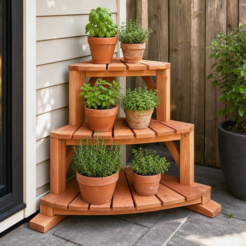 Compact triangular cedar plant stand fitting a patio corner