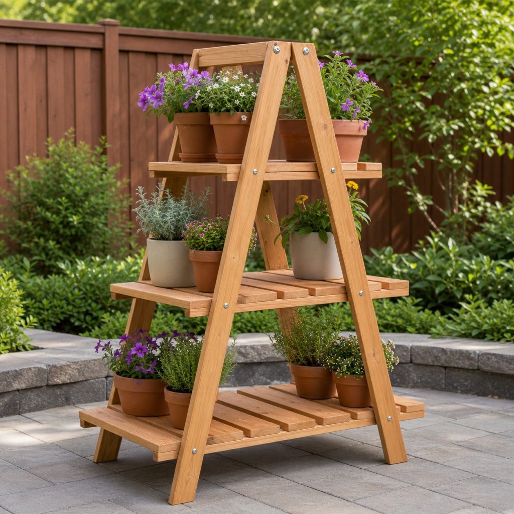 A-frame tiered plant stand with shelves on both sides