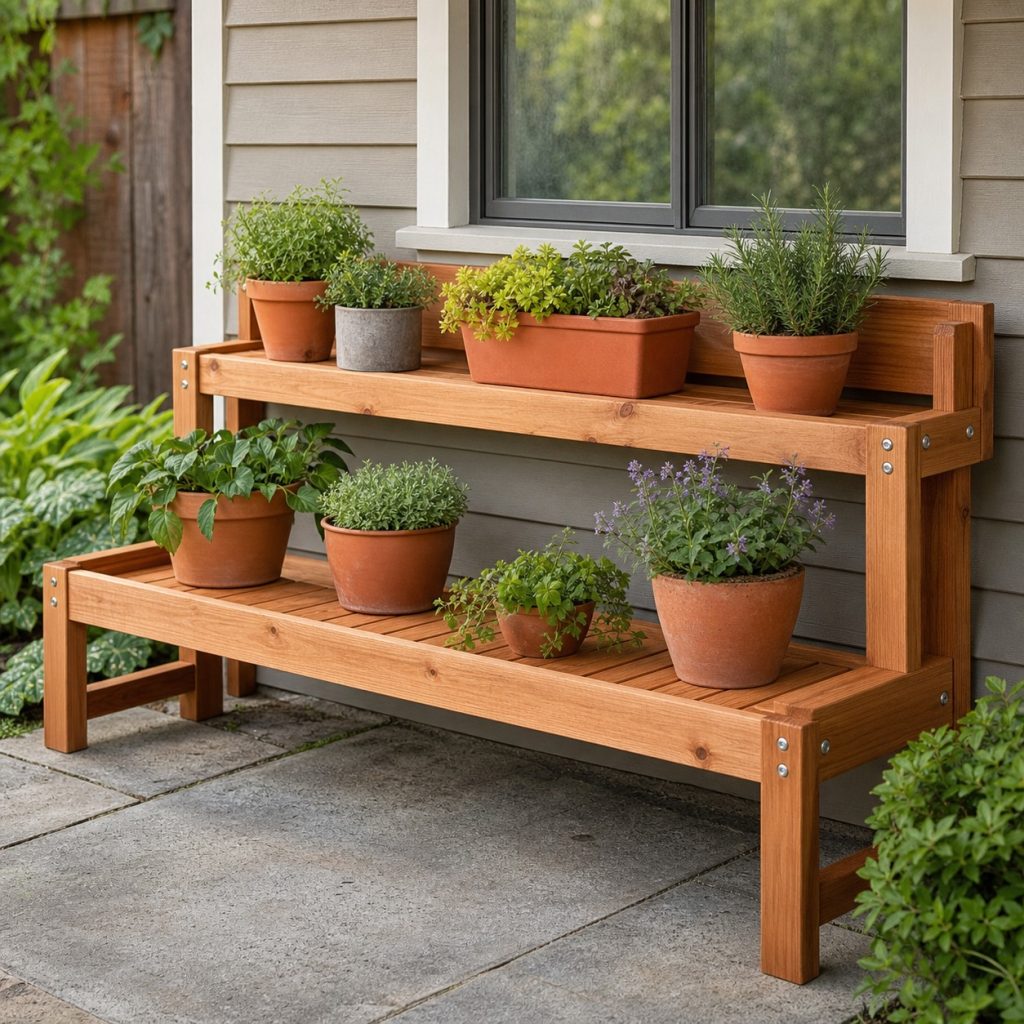 Low two-tier cedar plant stand positioned below an exterior window