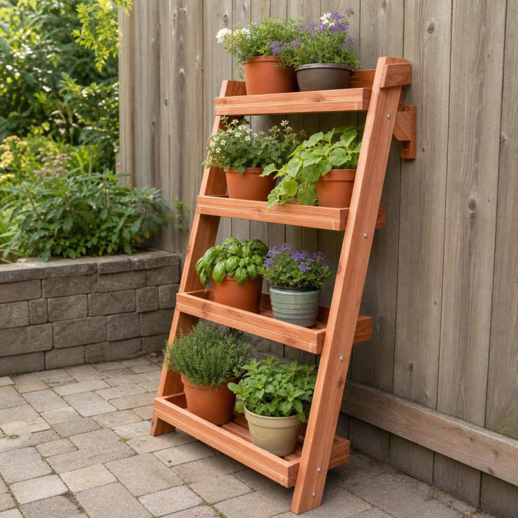 Narrow ladder-style cedar plant stand secured to a garden fence