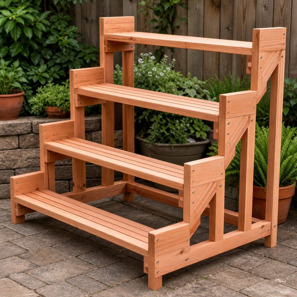 Open-frame cedar plant stand with staggered slatted shelves