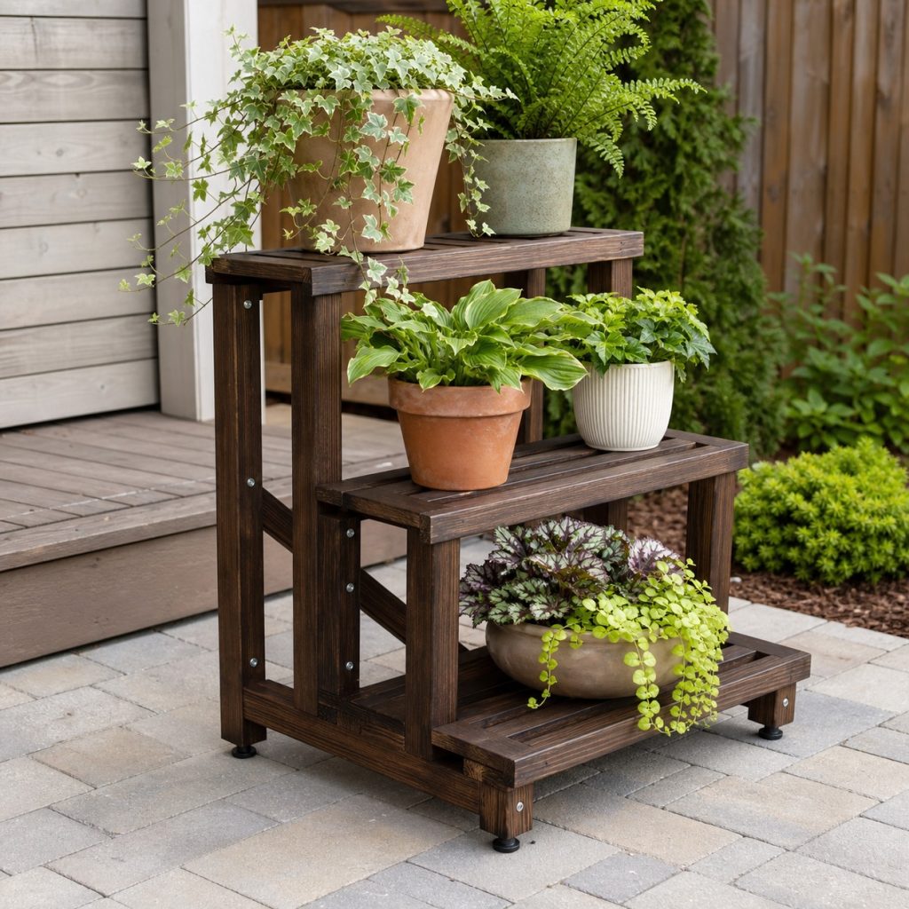 Dark-stained three-tier outdoor plant stand on pavers