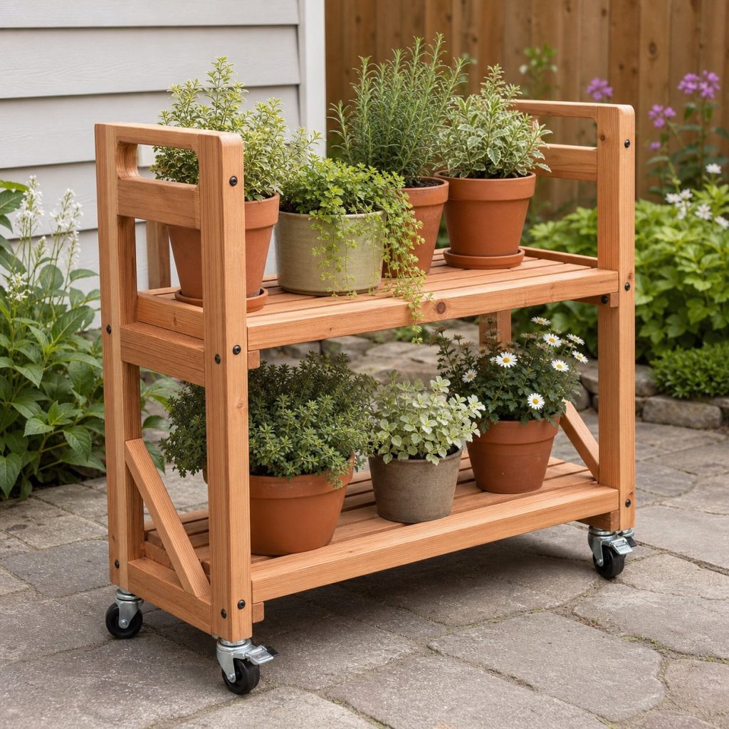 Two-tier cedar plant stand on locking exterior casters