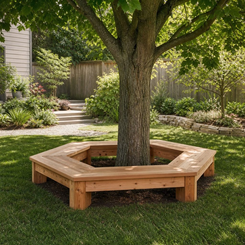 Hexagonal cedar bench surrounding a mature shade tree with a wide open center