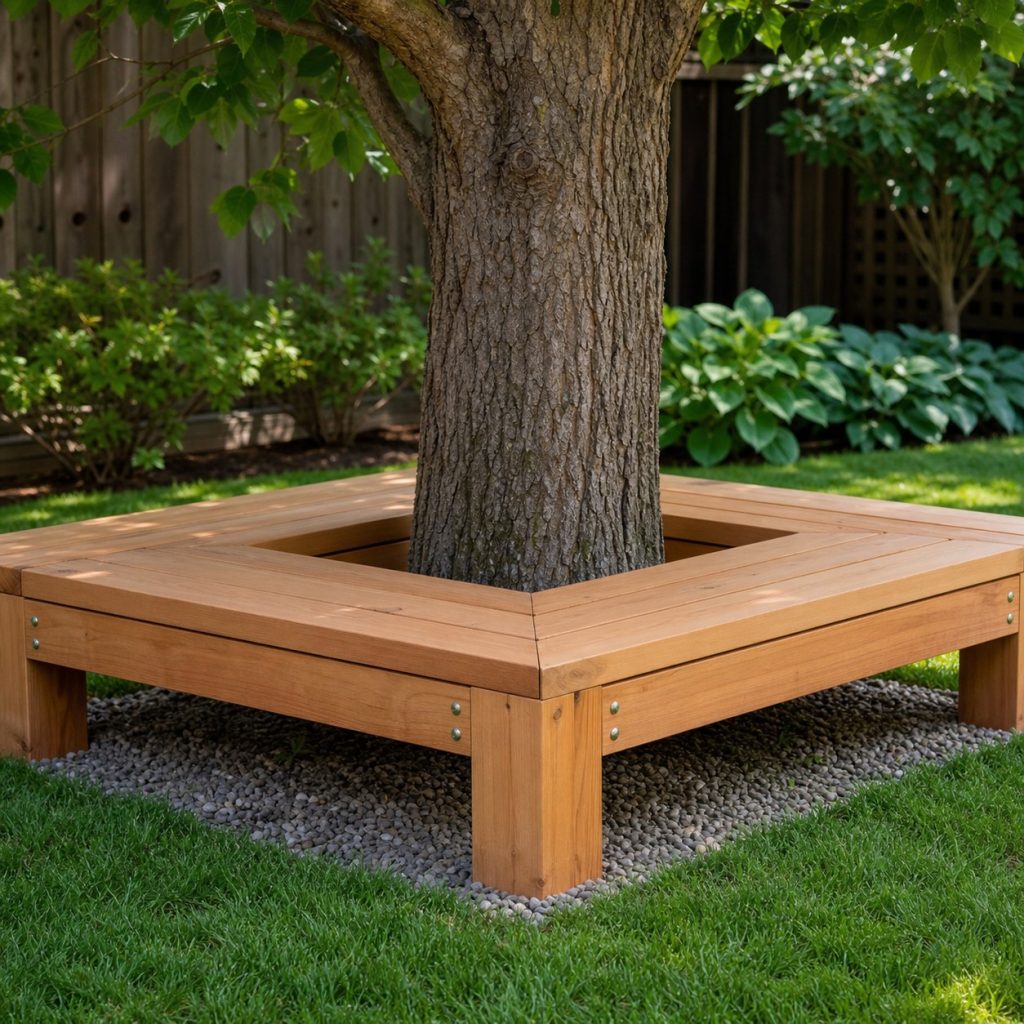 Square wooden tree bench with open corner gaps around a broad tree trunk
