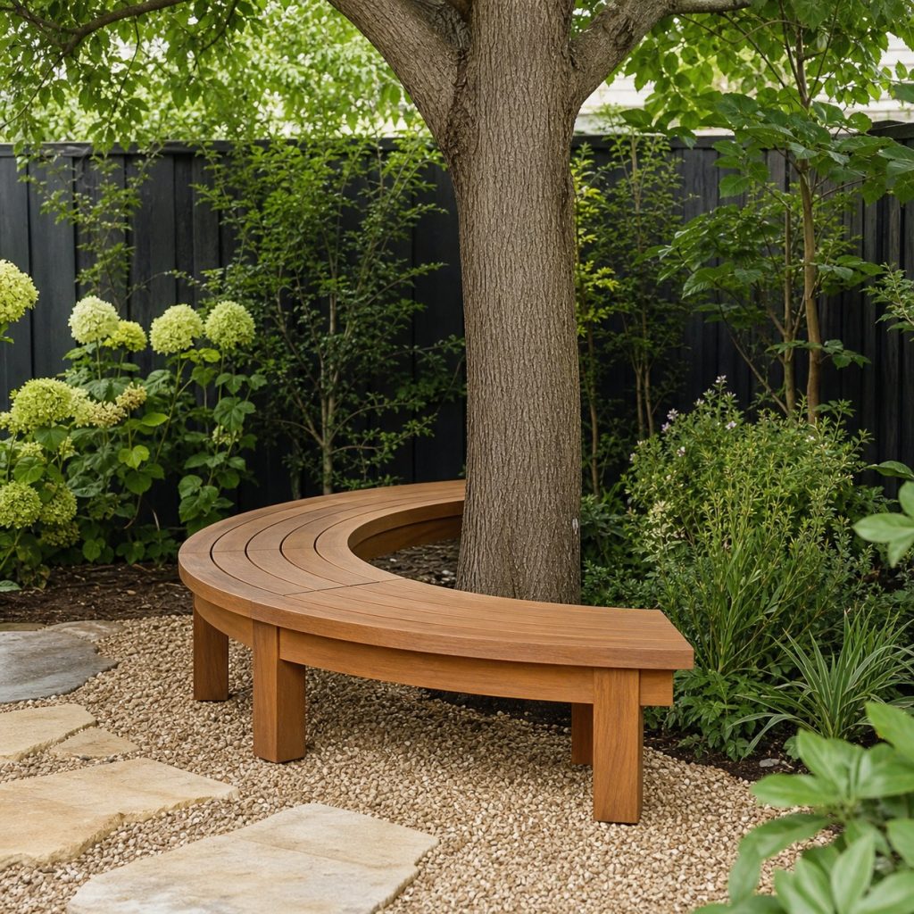 Semicircular wooden bench positioned around one side of a garden tree