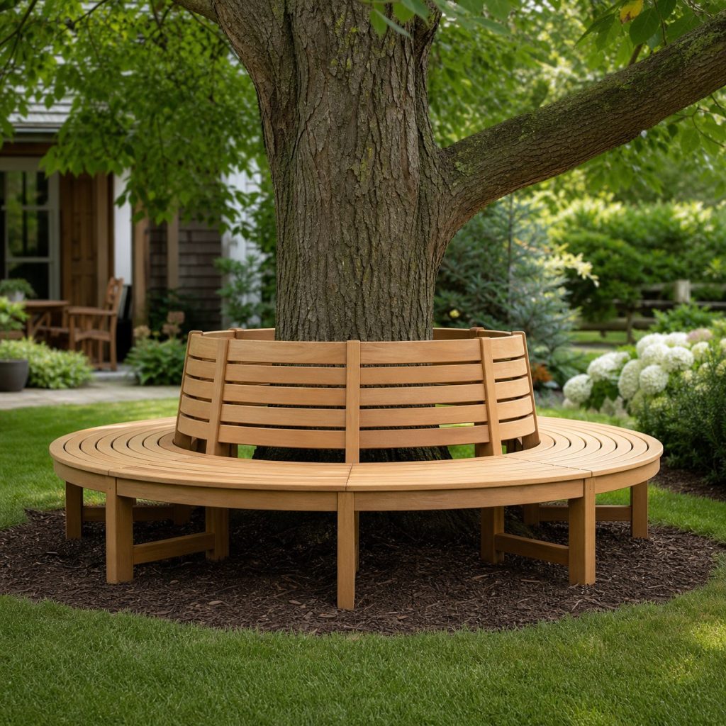 Wraparound tree bench with comfortable slatted backrests and trunk clearance