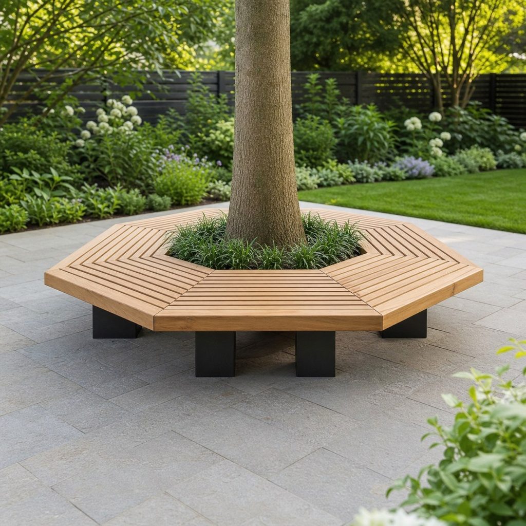 Modern slatted tree bench on recessed independent supports in a landscaped yard