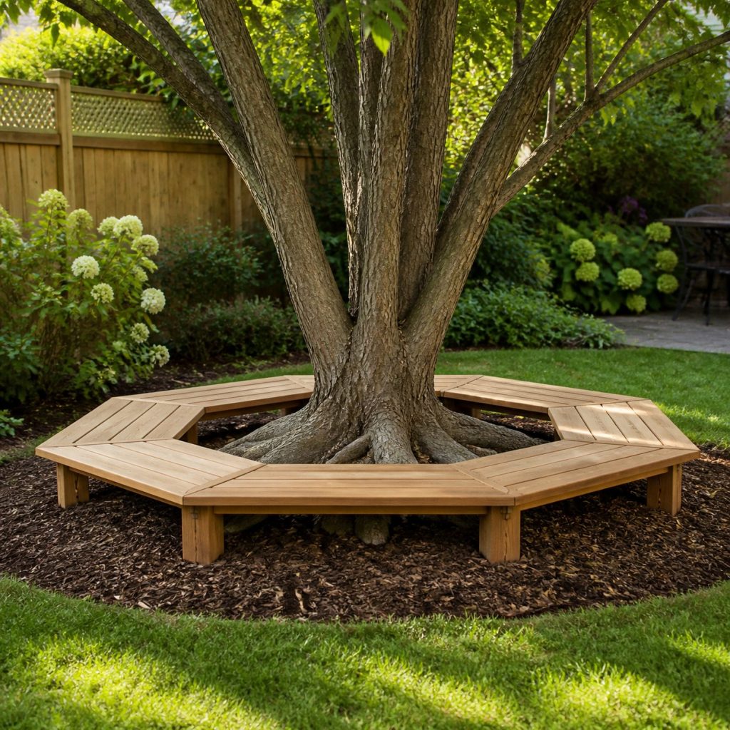 Low wooden tree bench around a tree with open mulch area and visible root flare