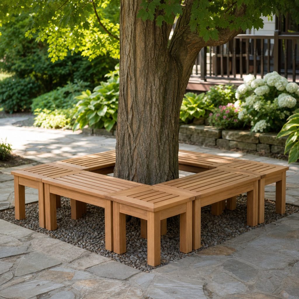 Four removable wooden tree bench modules arranged around a mature tree