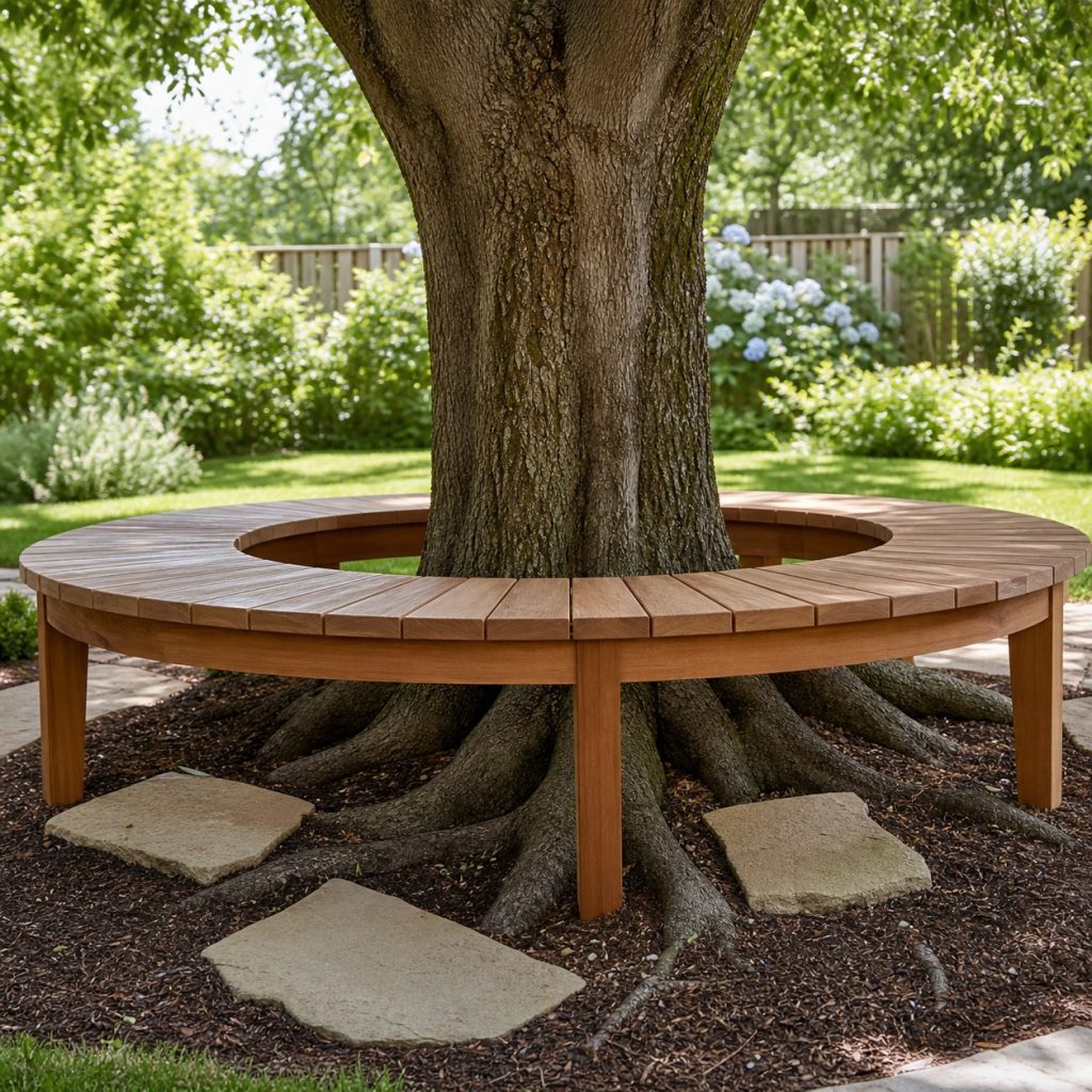 Tree bench installation detail showing wide trunk gap and surface pads between roots