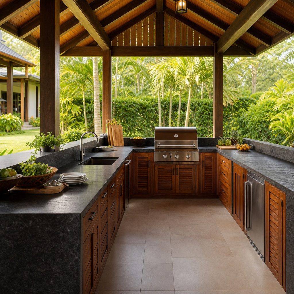 Tropical outdoor kitchen beneath high open timber pavilion with lush planting