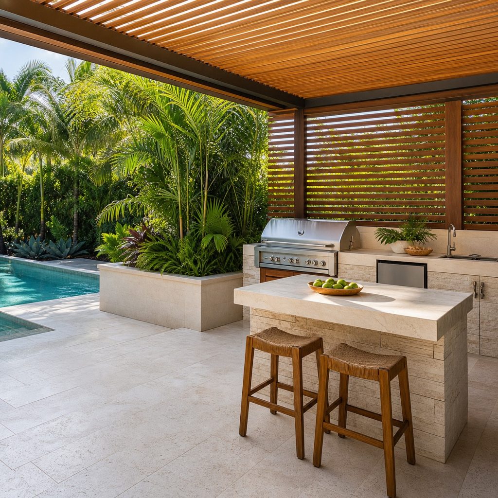 Poolside tropical kitchen with pale pavers and dense palms beyond dry route