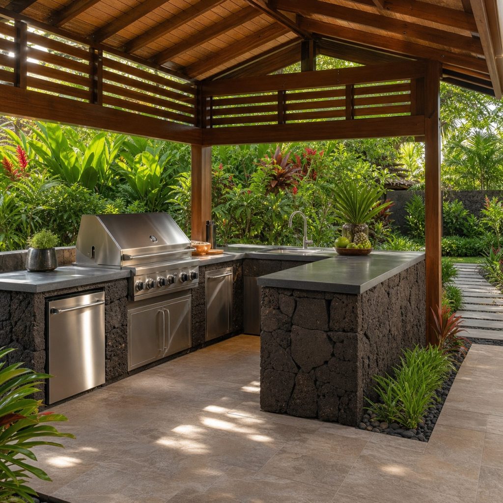 Tropical garden kitchen with dark stone base and stainless appliances
