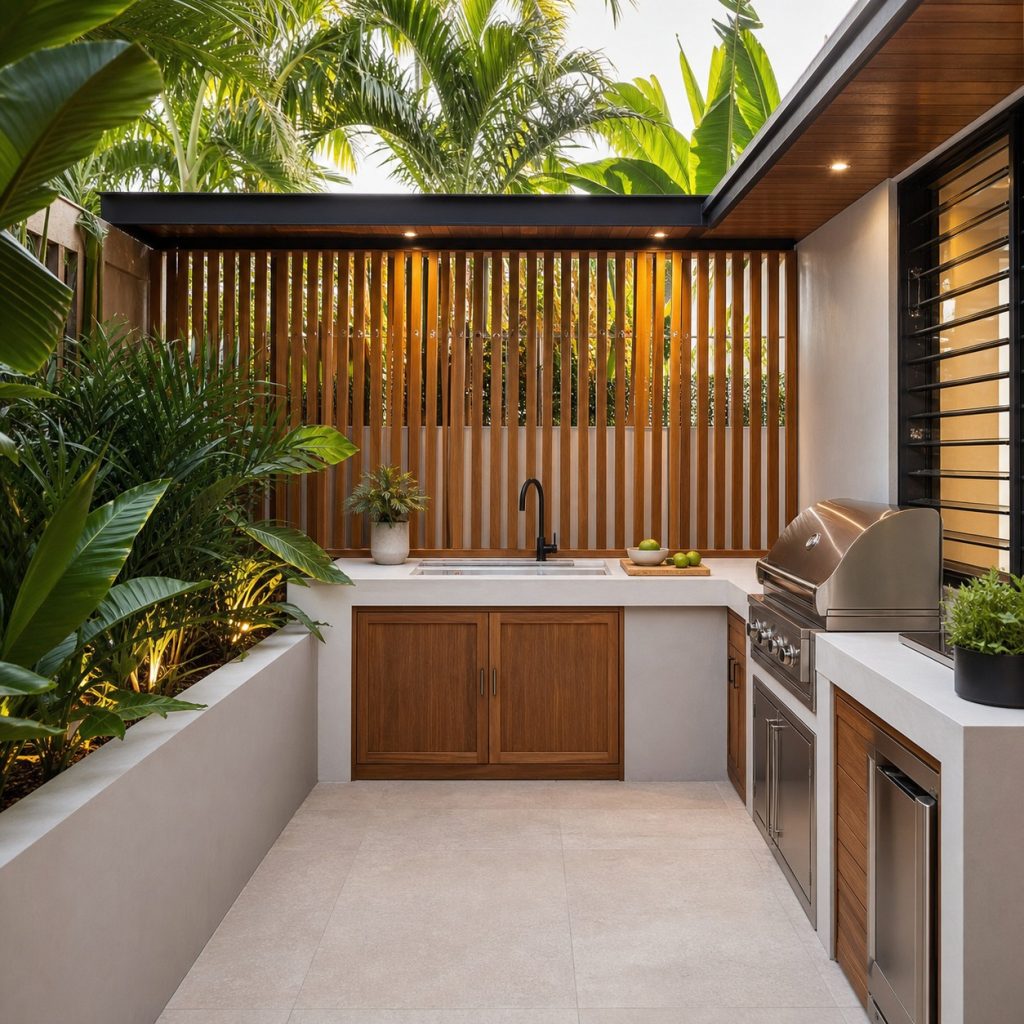 Tropical courtyard kitchen with vertical screen and raised planting beds