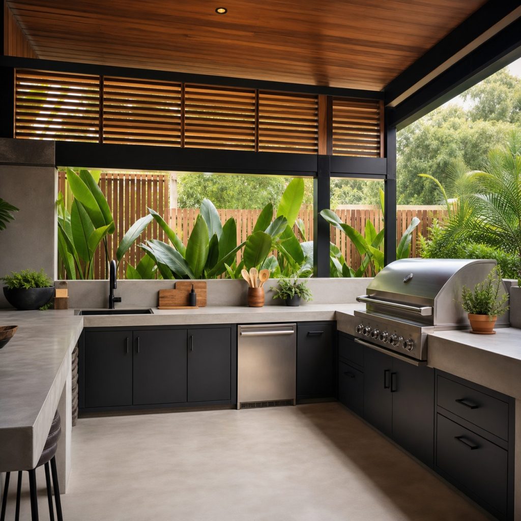 Modern tropical kitchen with charcoal cabinets and warm slatted ceiling