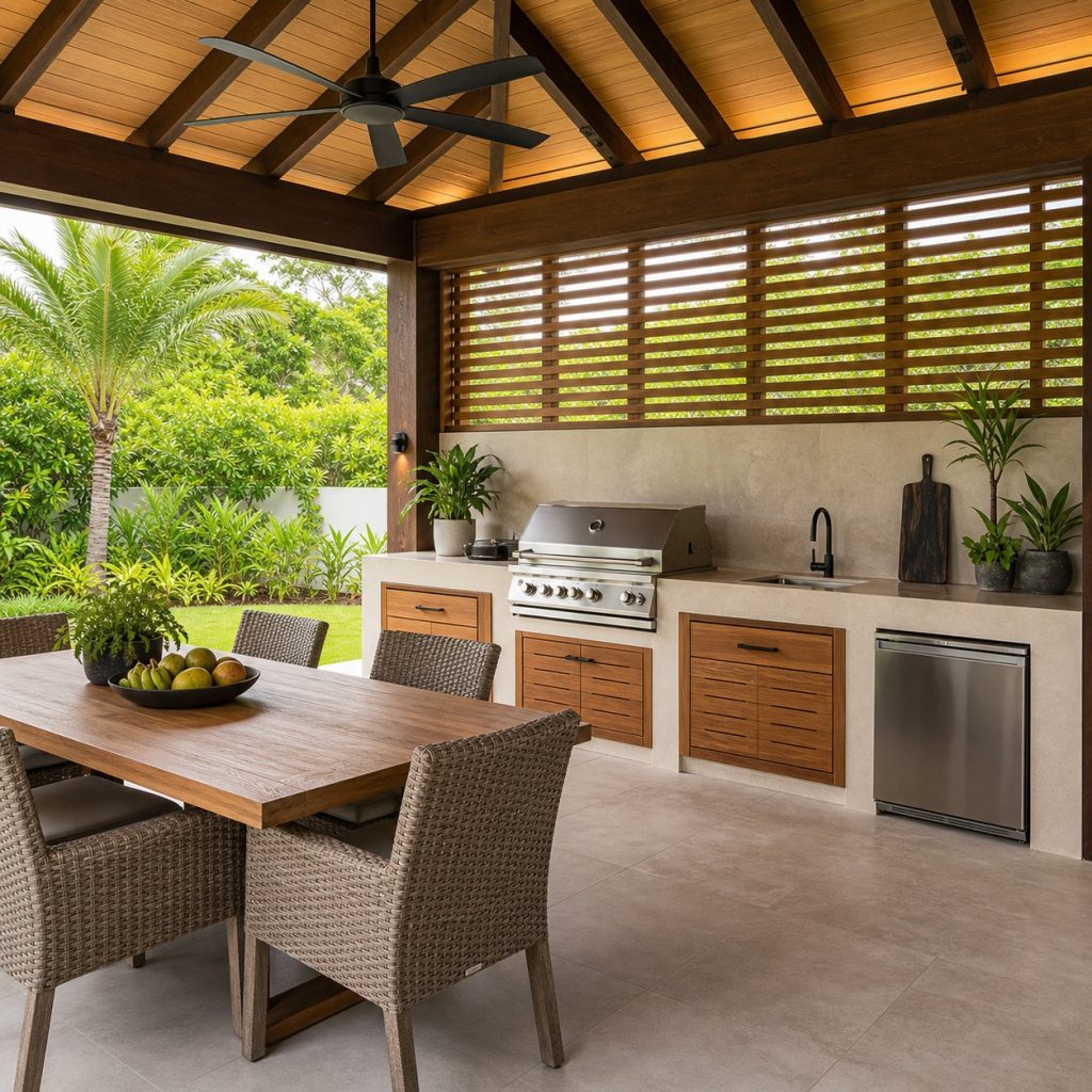 Tropical dining kitchen with woven chairs and broad pavilion ceiling fans