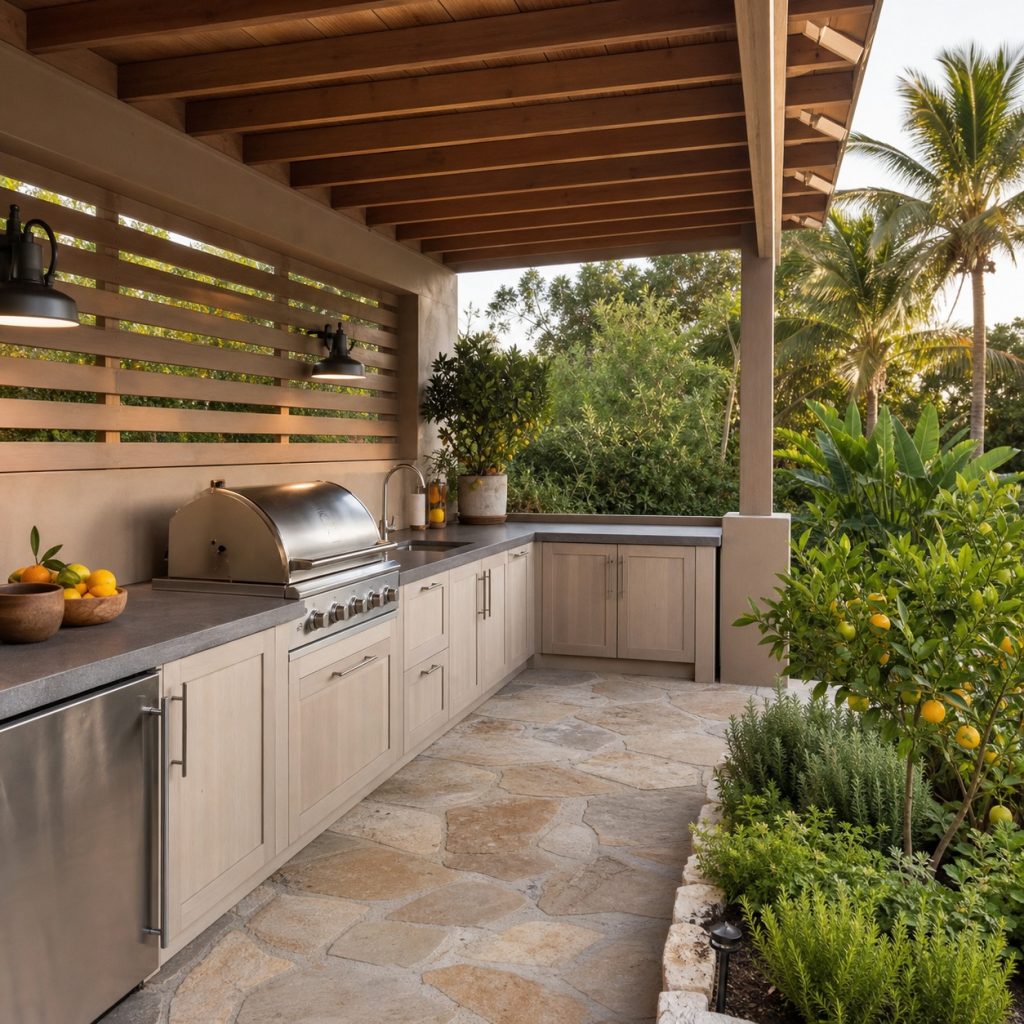 Small tropical kitchen beside herb and citrus garden on stone paving