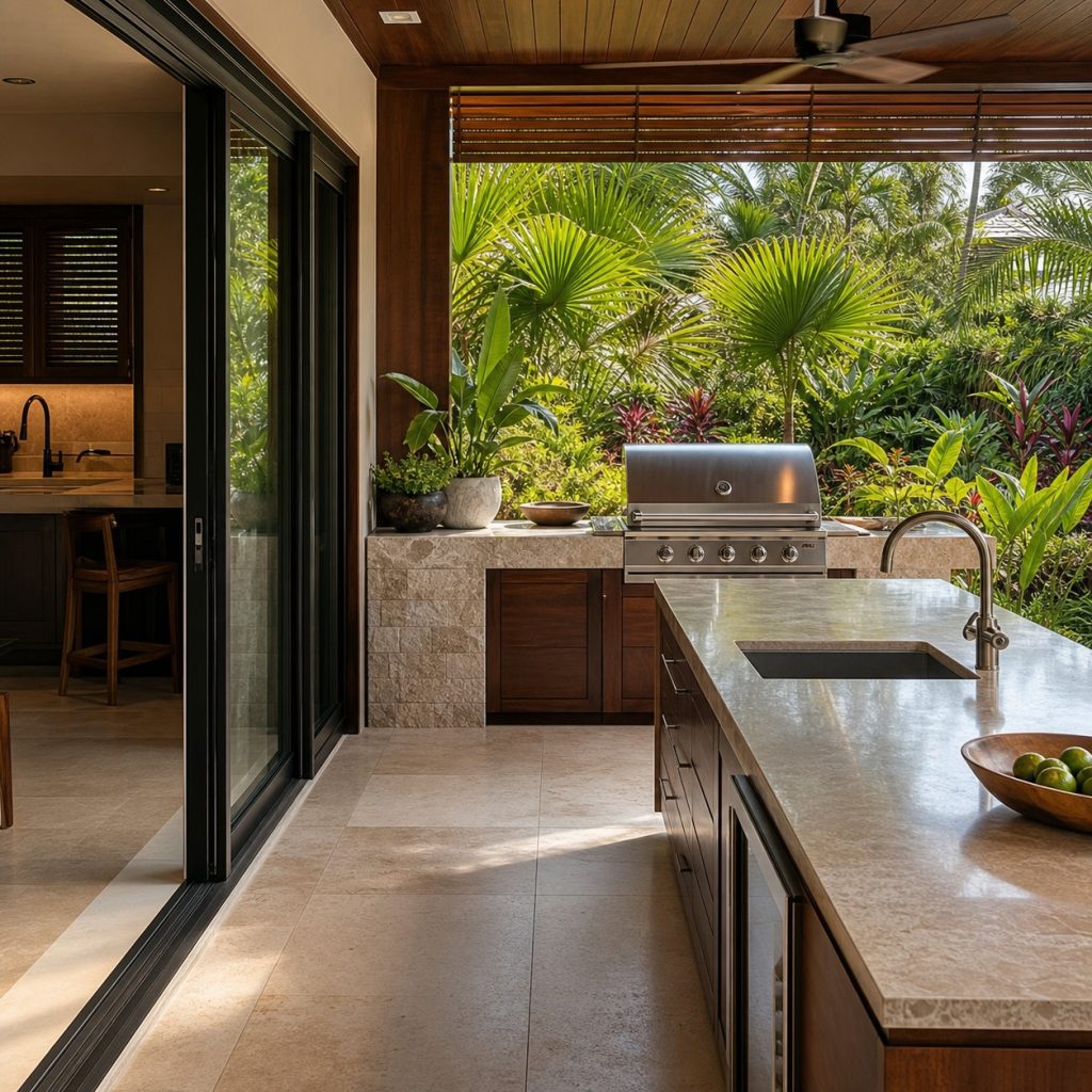 Tropical outdoor kitchen aligned with large doors and grill at exterior edge