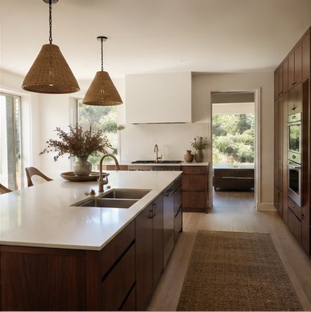 Modern kitchen with walnut island and warm plaster walls