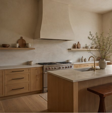 Warm modern oak kitchen with a simple sculpted plaster range hood