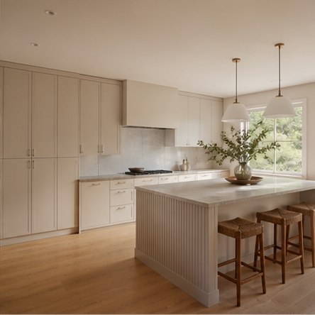 Warm modern taupe kitchen with minimal island and woven stools