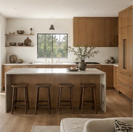 Modern wood kitchen with flat-panel cabinets and minimal open shelving