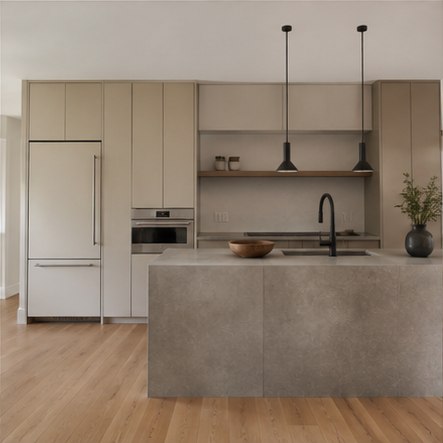 Minimal warm modern kitchen with integrated refrigerator wall