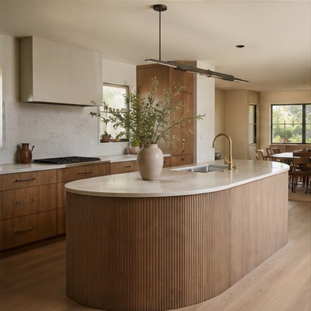 Warm modern kitchen with rounded fluted wood island