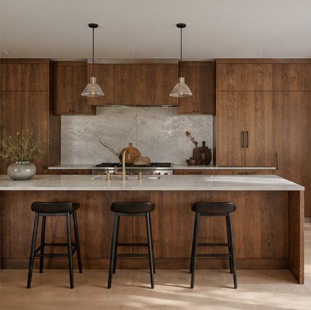 Warm modern kitchen with full walnut cabinets and simple stone counter