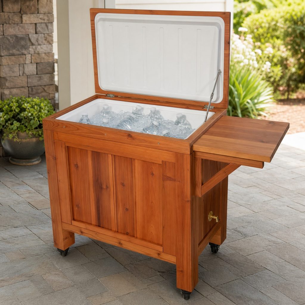 Stationary wood patio cooler cabinet with lid stay and raised feet