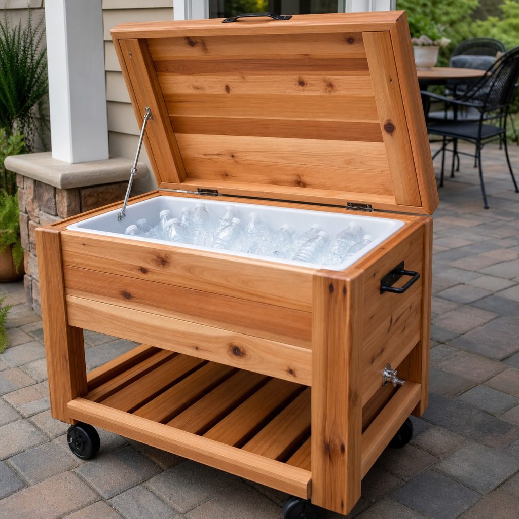 Open wood patio cooler showing clean removable insulated insert and lid stay