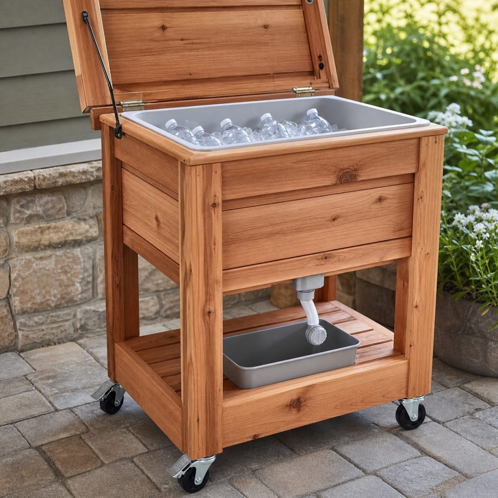 Cedar cooler stand with drain hose and removable catch container