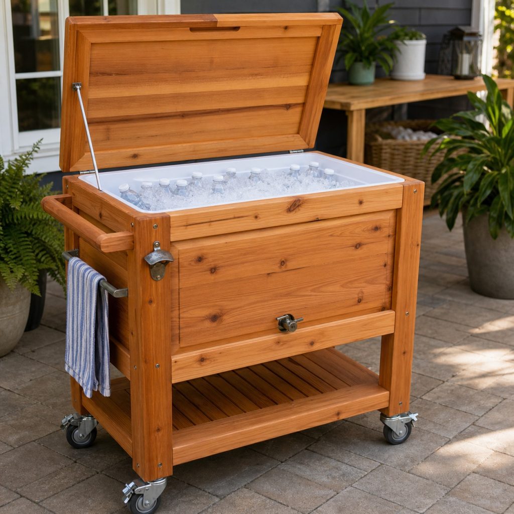 Mobile wood cooler with reinforced wheels push handle and towel rail