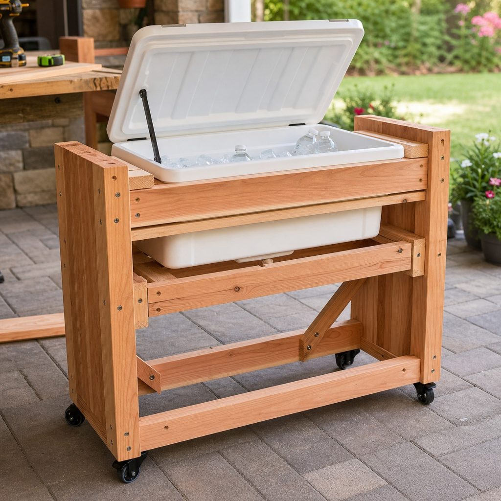 Wood patio cooler frame under assembly with insert-support ledgers