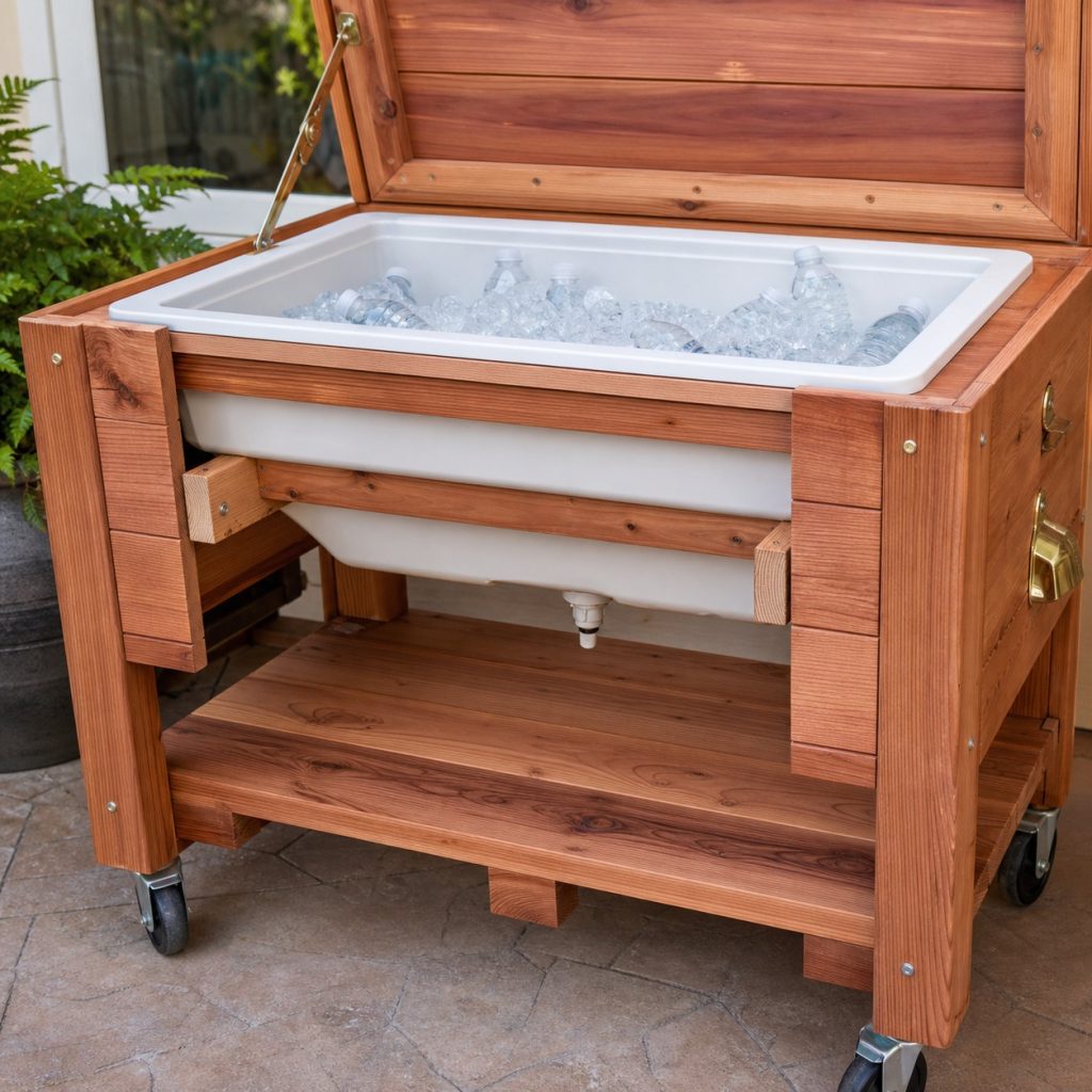 Underside of removable cooler insert supported on multiple wood ledgers