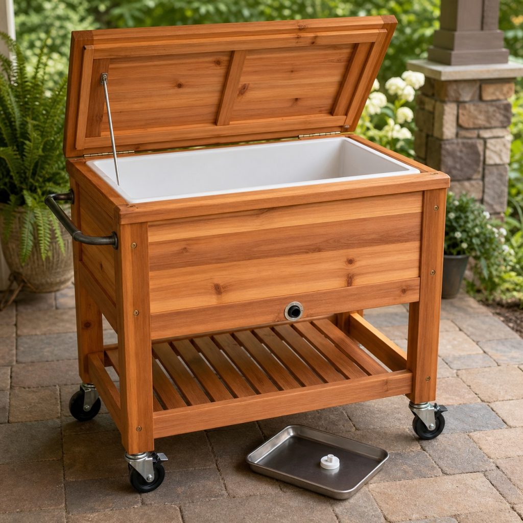 Empty cedar patio cooler stored under cover with lid propped for drying