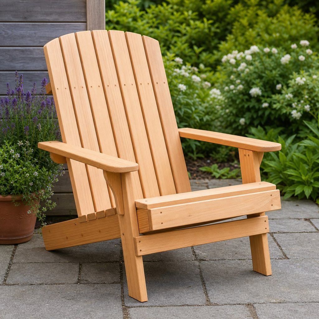 Wooden Adirondack chair with straight vertical back slats and wide arms