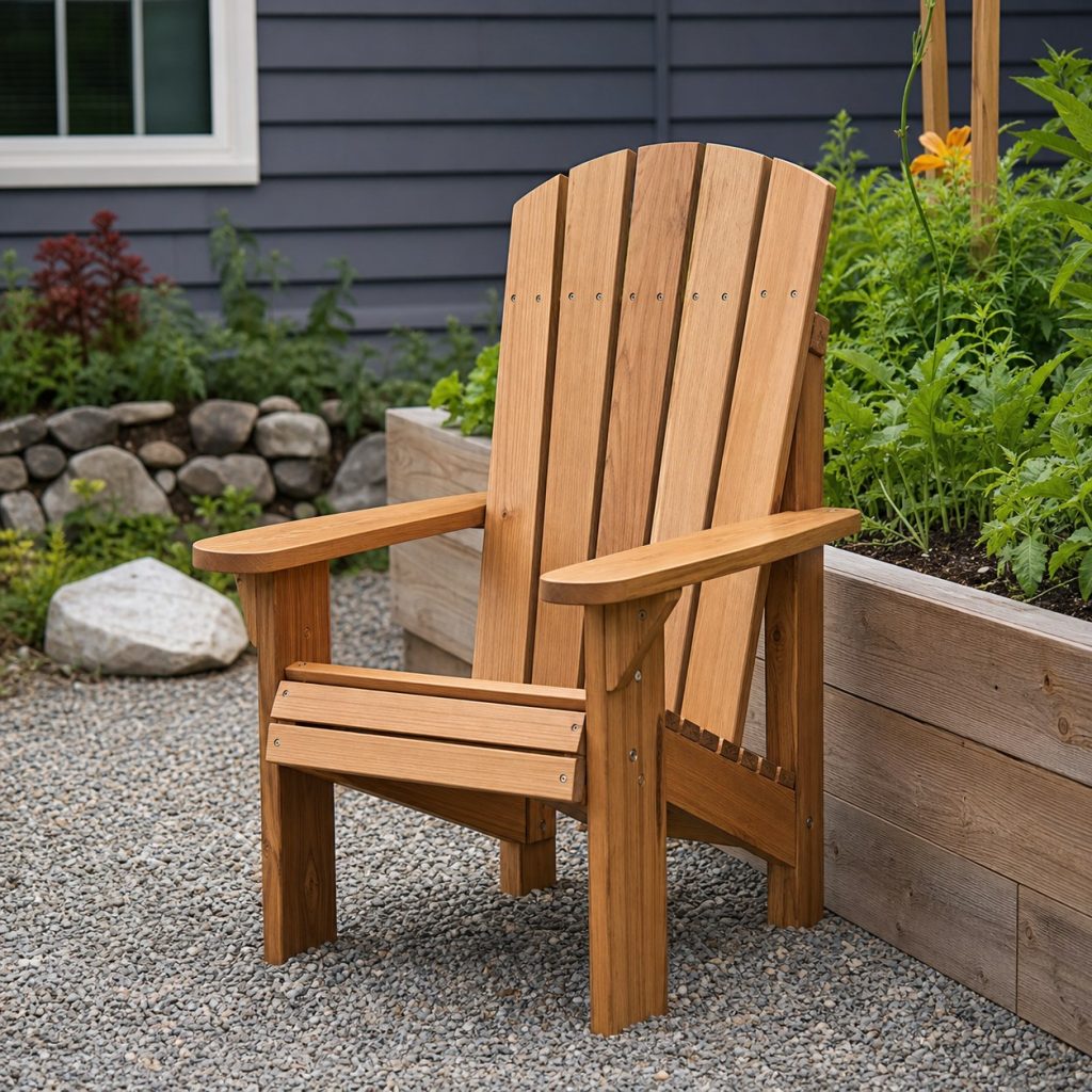 Compact upright wooden Adirondack chair beside a raised garden bed