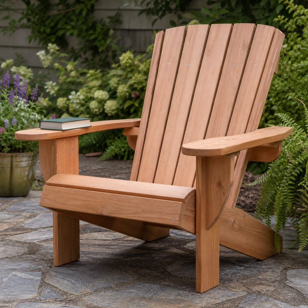 Wide-arm cedar Adirondack reading chair with a small book resting on one arm