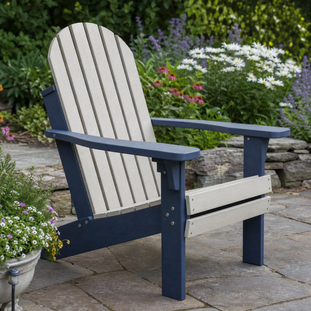 Two-tone painted wooden Adirondack chair with crisp outdoor finish in a flower garden