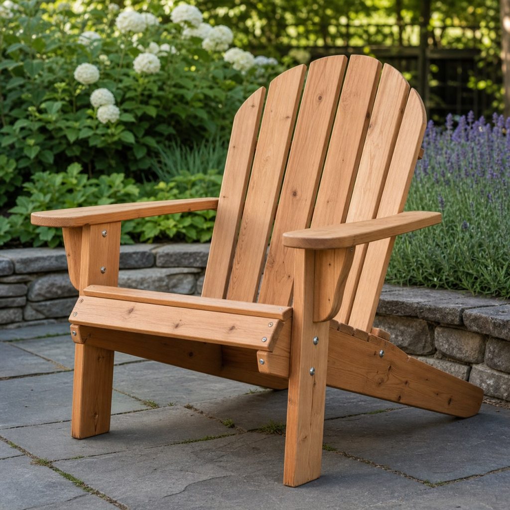 Wooden Adirondack chair designed with visible removable bolts for seasonal storage